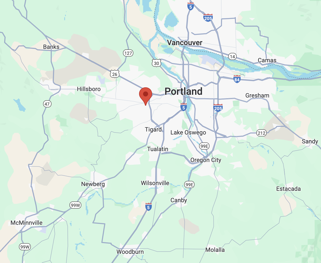 Service area map showing Portland and surrounding areas